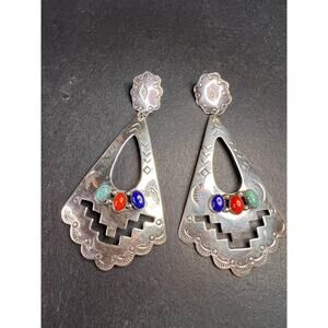 Vintage Navajo Joe Delgarito Sterling Silver Lapis Coral Turquoise Earrings